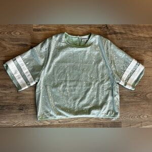 Greii Mint Green All-Over Sequin Top | Boxy Fit | White Sleeve Stripes | Medium